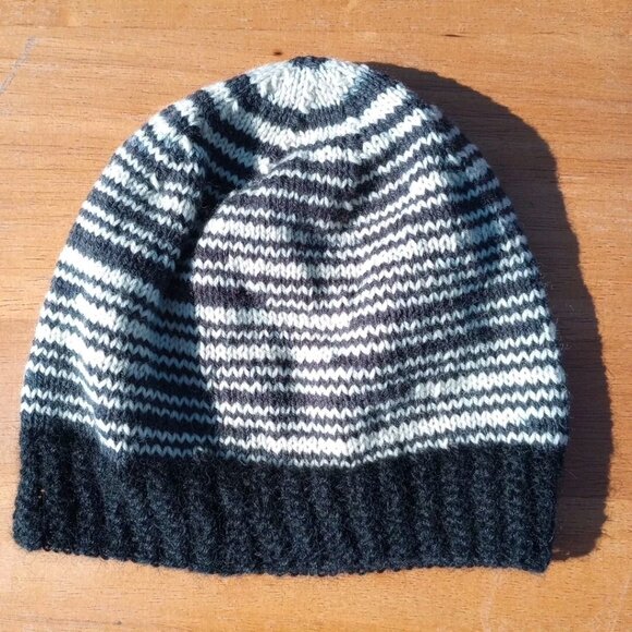 Mens Alpaca Wool Beanie Skully Hand Knit Hat Light Thin Faux Fair Isle Striped - Picture 7 of 9